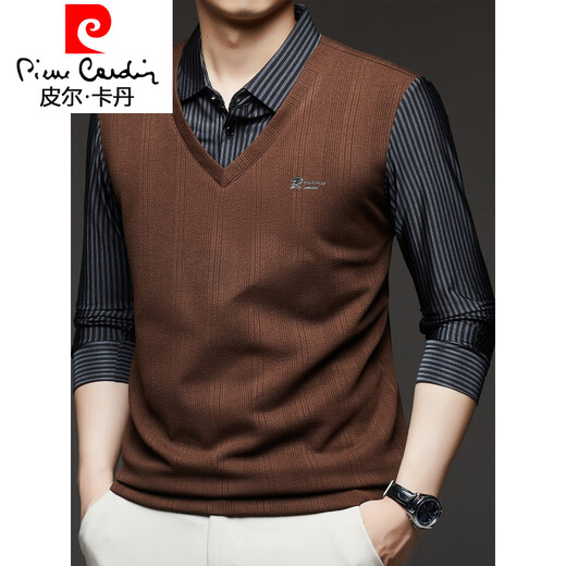Pierre Cardin gefälschte zweiteilige langärmelige T-Shirt für Männer 2025 Herbst Neuer Trend Top Business Casual Base Shirt Z9758 Grau One Size 120 [141-160]