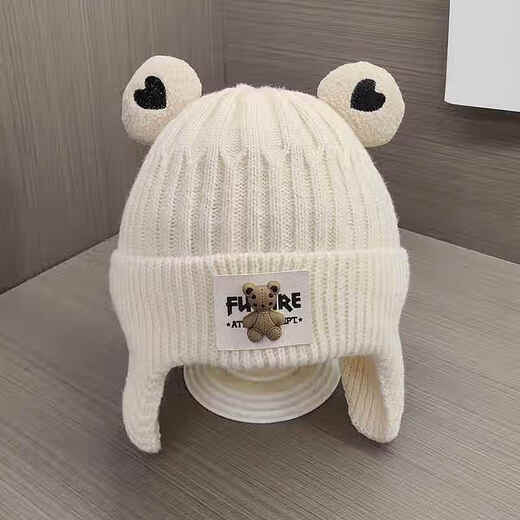 Baby hat autumn and winter knitted woolen hat for boys and girls cute bear infant ear protection warm hat winter beige single layer + 3-36 months (44-52cm) + elastic