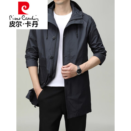 Pierre Cardin high-end mid-length windbreaker men's 2026 autumn new high-end trendy casual hooded jacket men's 192213 gray M 170