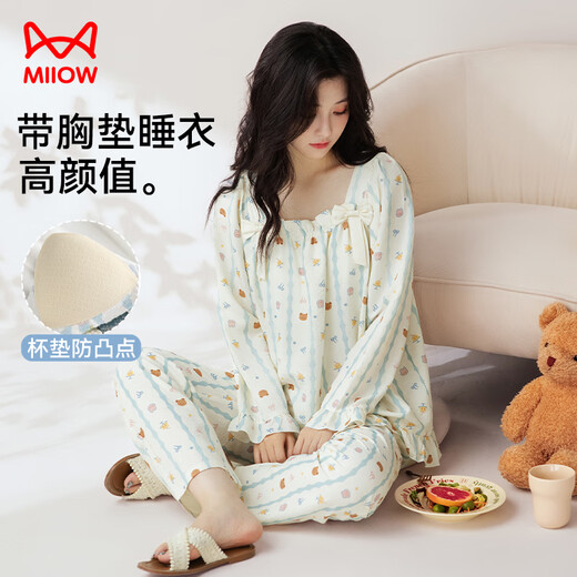 
Cat man [with breast pad] Women's pajamas for women cloud cotton cartoon print sweet princess style home clothes 25 years new product