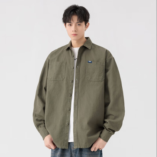 MONPOC Hong Kong style retro shirt men's spring and autumn style couple high-end casual long-sleeved shirt jacket MOC01 military green 4XL