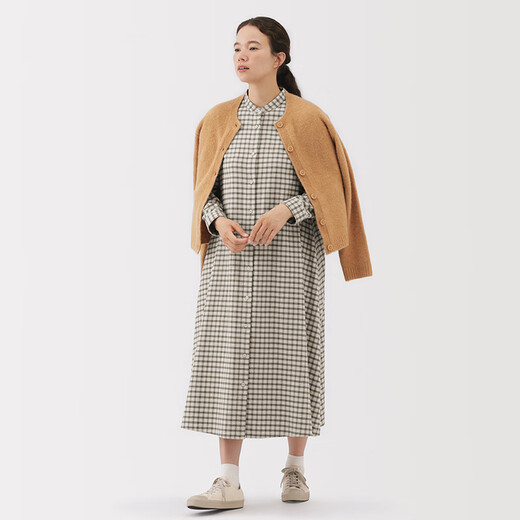 
MUJI women's flannel stand collar long sleeve dress women's skirt cotton dress 25-year autumn new product light beige check L (165/88A)