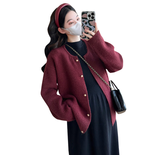 Mommy Ran Qi's maternity autumn clothes 2025 new suit fashionable going out long-sleeved cardigan skirt loose belly-covering maternity skirt two-piece set Angora red coat + black dress (suit) XL