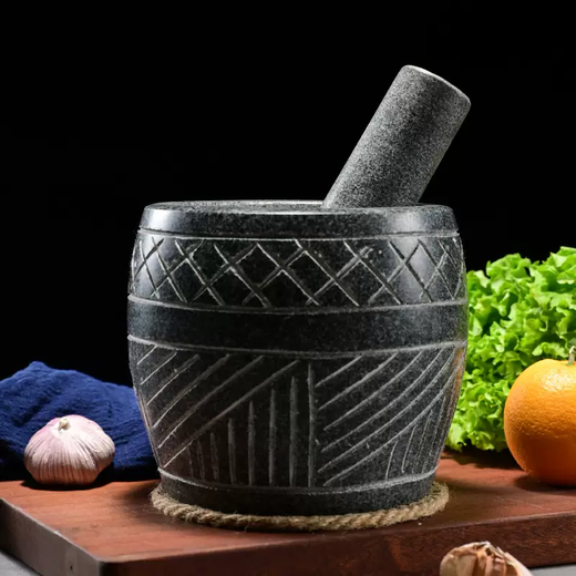 Yusenyi large handmade garlic press stone garlic mortar household grinder stone mortar for pounding medicine, smashing pepper, peeling garlic garlic press large black stone carving with stone handle