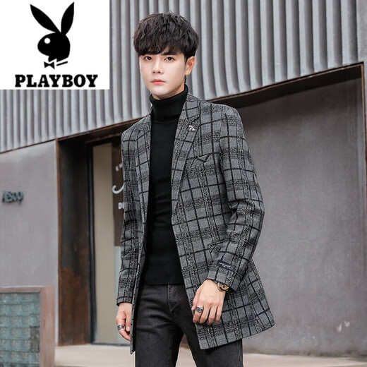 Playboy (PLAYBOY) Men's Suit Mid-Length Windbreaker Jacket Spring and Autumn Slim Woolen Suit Top Youth Trendy Woolen Coat Dark Plaid 2XL