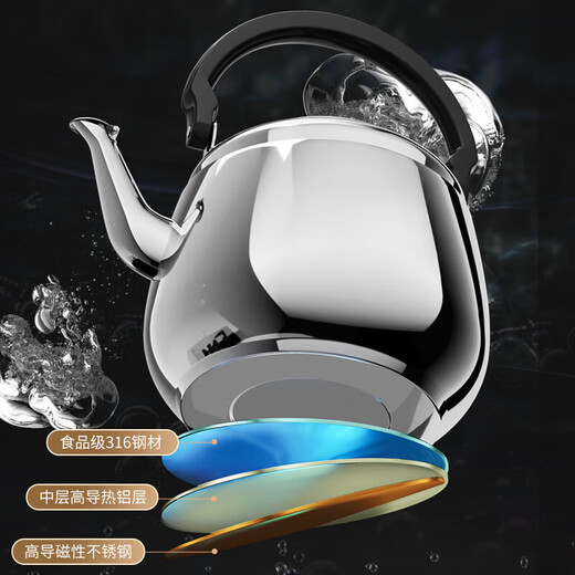 QCSK German kettle 316 stainless steel household food grade boiling water tea kettle large capacity gas induction cooker 5L-expanding kettle about 910g 5L large capacity can beep