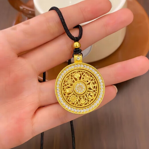 Keshan quality eight treasures compass pendant 18K gold with diamonds six-character mantra eight treasures compass gold pendant eight treasures compass with diamonds + black rope