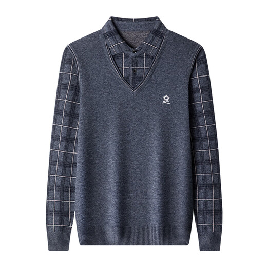 Montagnard fake two-piece cashmere sweater for men, thickened lapel, long-sleeved sweater, shirt collar, middle-aged dad's outfit, upper cyan 3XL 185 recommended 175-190 Jin Jin equals 0.5 kg to wear