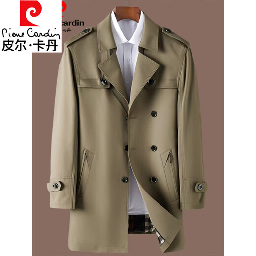 皮尔卡丹高档轻奢风衣外套男士春秋季中长款休闲春秋款商务休闲帅气男装潮 卡其色 2XL 185(适合145-160斤穿)