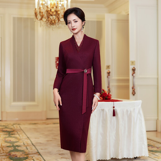 Fumini high-end light luxury mother's wedding evening dress 2025 autumn and winter clothing grandma's wedding dress warm wool dress purple XL