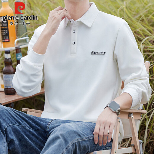 Pierre Cardin sweatshirt men's autumn and winter trendy polo collar bottoming shirt men's long-sleeved T-shirt loose casual men's white 2XL