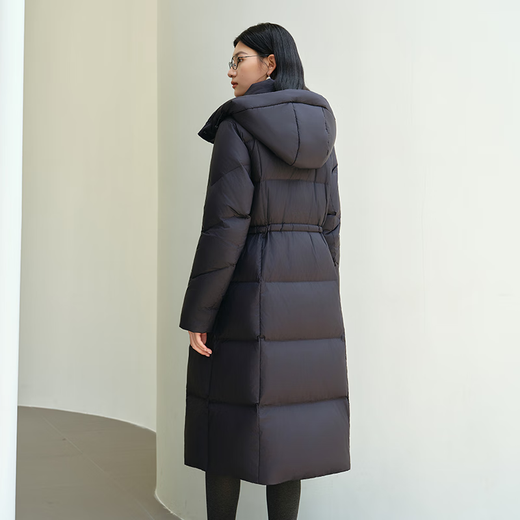 Ai Lai Puff Down Jacket Women's Winter Long Hooded Drawstring Waist Slimming Warm Duck Down Jacket Moon Night Black M