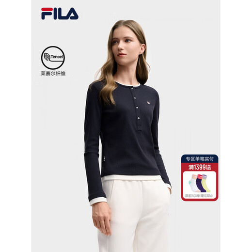 FILA long-sleeved T-shirt for women 2025 winter new color matching fake two-piece casual slim bottoming Henry shirt Legend Blue-NV Unisex S 160/80A