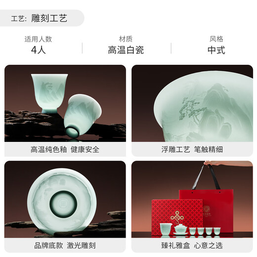 Jingdezhen Ceramic Yingqing Tea Set Household Relief Kung Fu Tea Cover Bowl Chinese Color Fairy Cup Complete Set of High-end Gifts High-end Hot Sale Yuanshan Tea Set-Yingqing 6 Heads