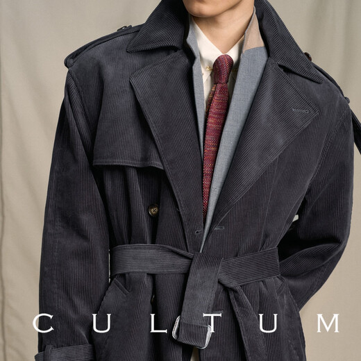 CULTUM Pure Cotton Corduroy CULTUM Autumn and Winter Retro IVY Trench Rider Windbreaker Men's Medium Long Warm Jacket Shadow Gray Regular 2XL