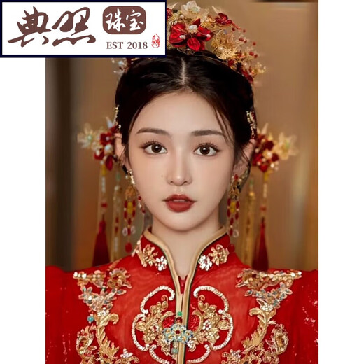 Typical photo of Fengguan Xiamei headdress Xiuhe suit Chinese style bride 2025 new red bow glazed hair crown ancient style wedding A main crown + back area + earrings gift box