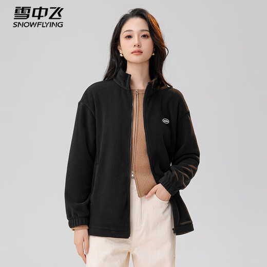 Snow Flying Jacket Women's Short Stand Collar Casual Wide Version 2025 Autumn and Winter Unisex Fleece Top Black XL