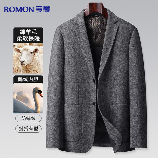 Romon Goose Down Sheep Wool Down Jacket Suit Men's Autumn and Winter Business Casual Woolen Short Single Suit Jacket