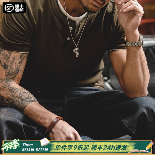 Maden workwear American muscle cleanfit heavyweight Henry shirt pure cotton old Qianfeng Amei Kaji short-sleeved T-shirt men's summer military green [size is too large/suggested to take a small size] 2XL (185/104A)