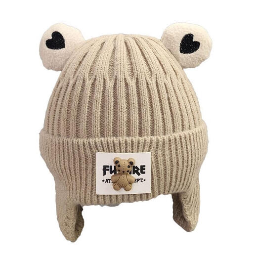 Baby hat autumn and winter knitted woolen hat for boys and girls cute bear infant ear protection warm hat winter beige single layer + 3-36 months (44-52cm) + elastic