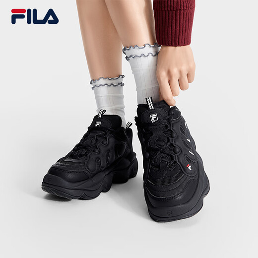FILA official women's shoes pea plus velvet shoes dad shoes 2025 winter new casual thick-soled sports shoes black-BK 37.5