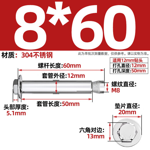 Tianzhuo Hardware 304/201 stainless steel built-in expansion screw external hexagonal internal expansion bolt implosion M6M8M10M12mm 304 national standard 8*60 2 pieces