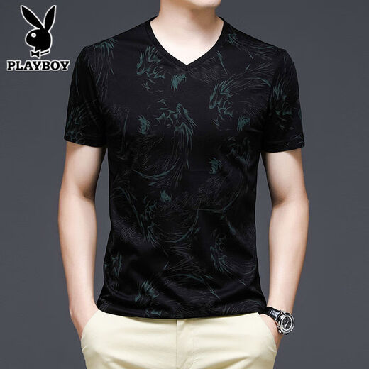 
Playboy (PLAYBOY) Playboy Short-sleeved T-shirt for Men's V-neck Ice-Merky Cotton Sweatshirt Half-sleeved Thin Printed T-shirt Men's Fashion 13807# Blue Short-sleeved T-shirt M