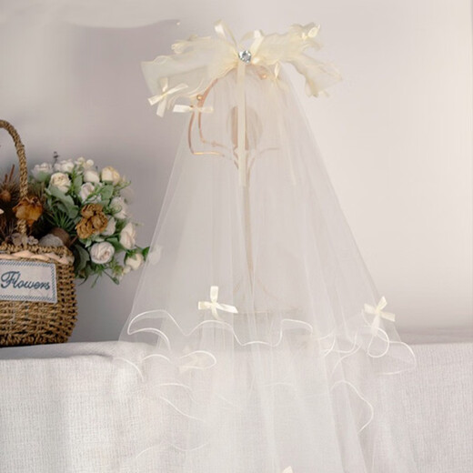 Lanshu (LANSHU) white bridal veil certificate registration headdress proposal fluffy yarn bow hair accessories wedding photo props headdress bow love veil 60cm hairpin style