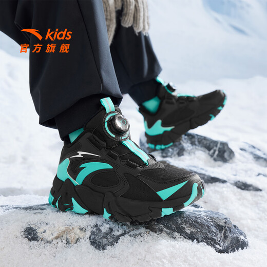 Anta children's cotton shoes for boys and girls winter non-slip knob buckle high top plus velvet warm outdoor snow boots two cotton shoes store manager recommended black/fluorescent aqua-4 35 shoe inner length 22cm