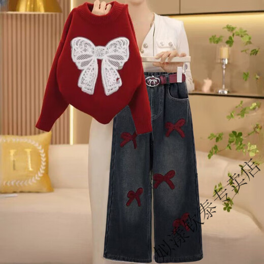 Siyang girls winter 2025 new fashion Korean style thickened Christmas red sweater, medium and large children's velvet jeans suit trendy H white bow sweater and black velvet jeans (120