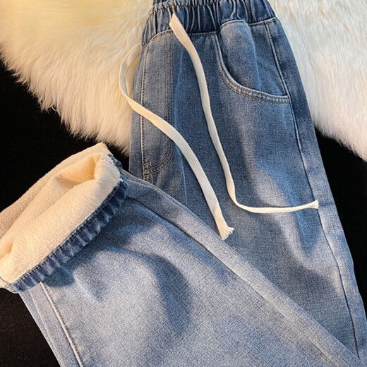 Velvet Thickened Straight Jeans Women's Winter 2025 New Small Wide Leg Cotton Elastic Waist Autumn and Winter Pants Retro Blue - Velvet XL