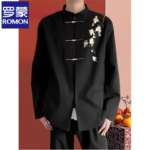ROMON Haute Couture New Chinese Groom's Suit White Magnolia Flower Embroidered Stand Collar Tunic Suit Jacket Engagement Dress XF66 White Magnolia Black (Single Suit) 2XL