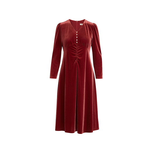 Kelaitier [multicolore] 2025 AUTOMNE NOUVEAU Tempérament de velours robe à manches longues pour les femmes rouge vif M