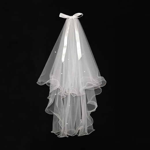 Pang Donglai Quality Proposal Veil White Headdress Get a Certificate Photo Props Bride Wedding Engagement Registration Main Wedding Dress 2 Layers丨 Hairpin [Big Ribbon Bow Curly Ring About 50cm] 60cm-80cm