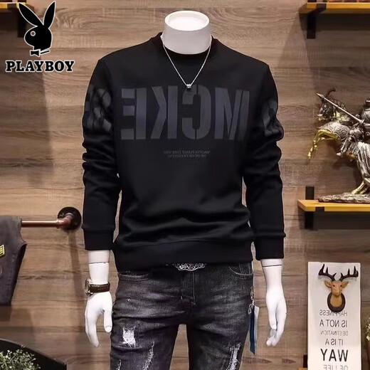 Playboy (PLAYBOY) high-end 2025 new spring, autumn and winter men's sweatshirt trendy brand trendy slim round neck printed pullover base shirt for men H1278-Black plus velvet M Recommended 90-110Jin [Jin equals 0.5 kg]