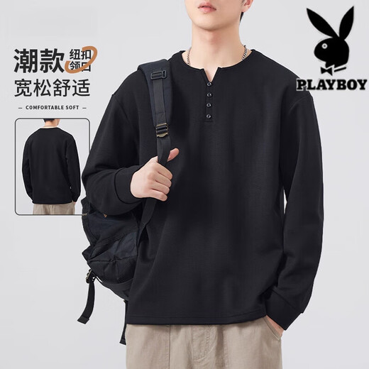 Playboy long-sleeved T-shirt men's Henry collar autumn and winter slim fit top spring and autumn sweatshirt men's inner layering shirt boys 3309 black M 90-105Jin Jin equals 0.5 kg