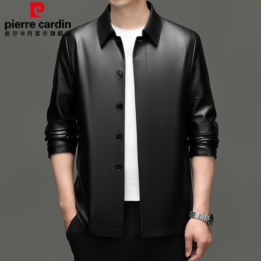 Pierre Cardin leather jacket for men in autumn and winter, middle-aged velvet thickened lapel coat, warm leather jacket, middle-aged and elderly men's top