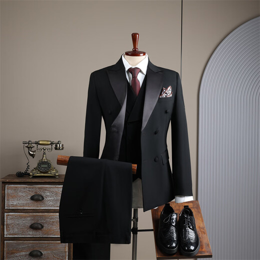 Vbanlya Italian brand 2025 double row suit men's suit groom wedding dress groomsmen suit suit male host black (suit + trousers) 2XL 9011 black 54_(135-145Jin Jin equals 0.5 kg)