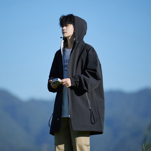 NYING American hooded windbreaker jacket men's 25 autumn and winter new fashion brand outdoor workwear mid-length loose casual top black XL (120-140Jin Jin equals 0.5kg)