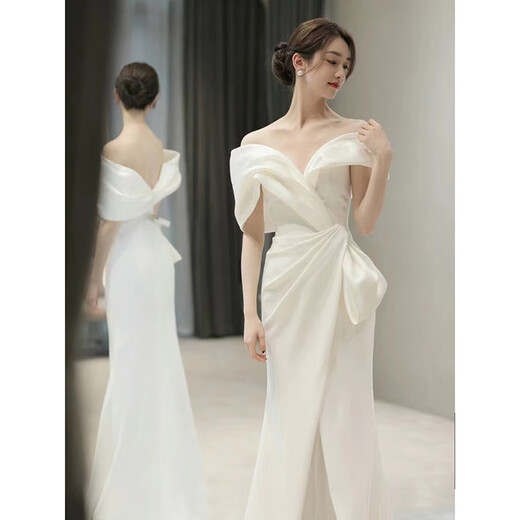 ACJK one-shoulder white evening dress 2025 new French light luxury niche high-end engagement fishtail skirt autumn beige M