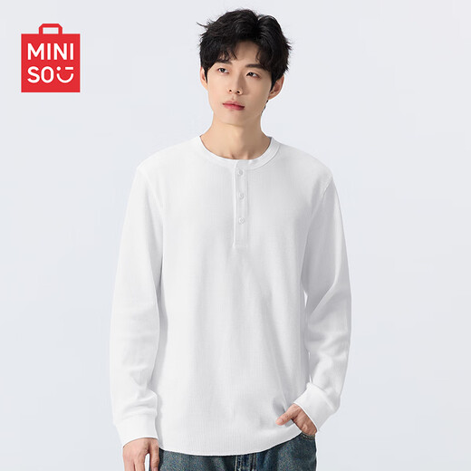 MINISO waffle bottoming shirt men's early autumn heavy texture Henry collar casual style long-sleeved T-shirt white XL