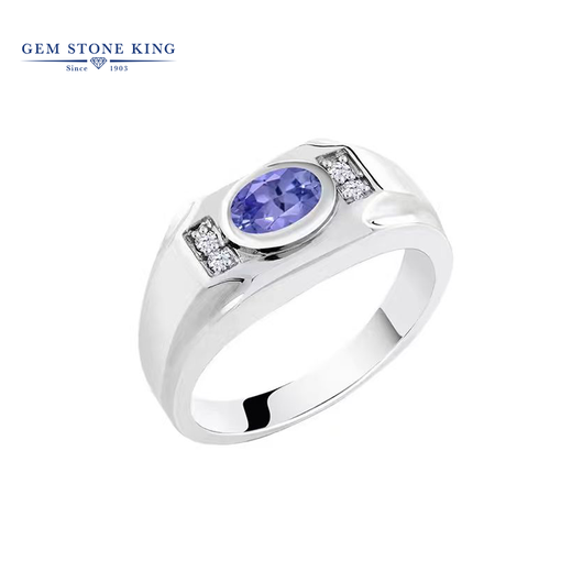 GEM STONE KING men's ring 1.32 carat blue purple tanzanite 925 silver set with white sapphire wide men's ring US size 7