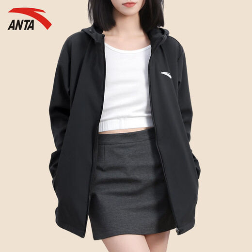 ANTA (ANTA) Jacket Women's Winter New Style Velvet Water-Repellent Women's Sportswear Hooded Cardigan Jacket Casual Top Basic Black L (175) Suitable for 125-140 Jin Jin equals 0.5 kg