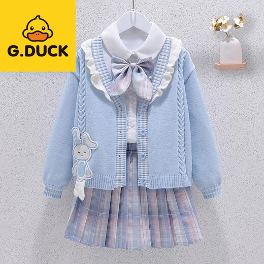 G.duck girls jk suit skirt spring and autumn new style girls college style big children's shirt jacket pleated skirt three-piece set blue three-piece set shirt bunny blue jacket + skirt 130