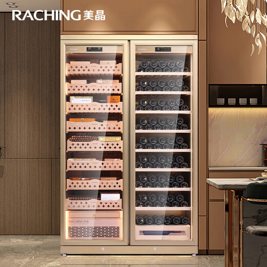 Meijing Raching/Meijing Red Wine + Cigar Combination Cabinet CD1200 Stainless Steel Old Cannon Double Door Constant Temperature and Humidity Compressor Humidity Cabinet Space Silver-Double Door Cigar Cabinet