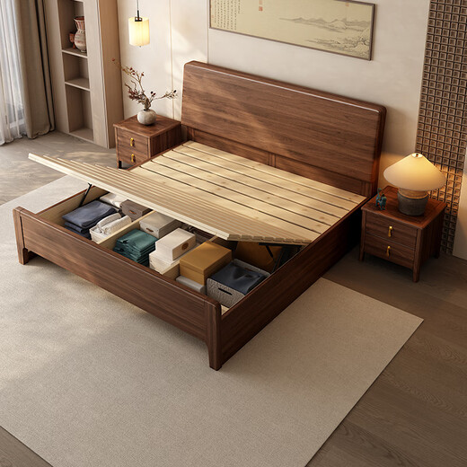 Small wooden nest bed black walnut solid wood bed medieval style master bedroom 1.8 meters double bed modern simple large bed wedding bed bed (three-section bed board) 1.5 meters