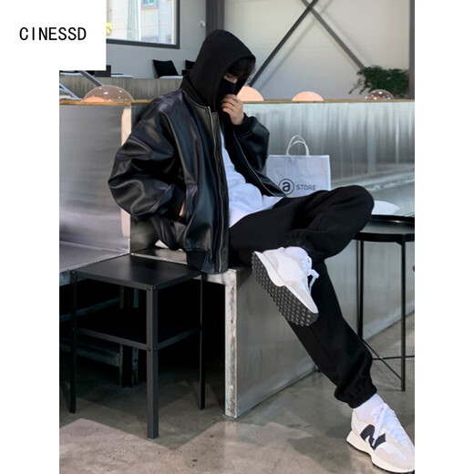 CINESSDMrcyc leather jacket men's high-end fake two-piece patchwork hooded jacket Korean loose fashion brand workwear black L
