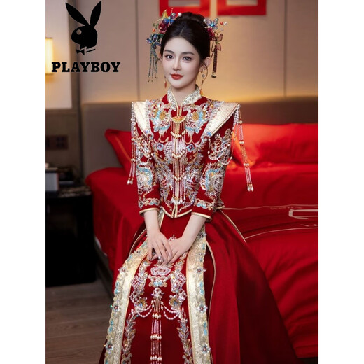 Playboy (PLAYBOY) velvet bridal Xiuhe suit 2025 new Chinese wedding dress out of the pavilion wedding toast dress slim wedding dress petite LT2025 official flagship version S