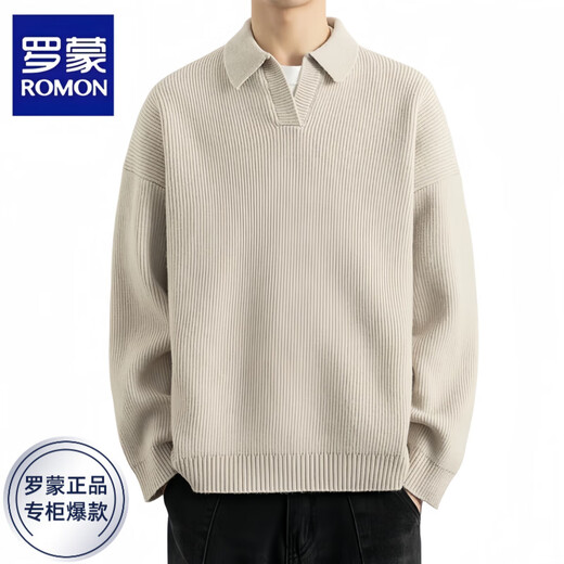 ROMON Knitted Sweater Men's Autumn and Winter Lazy Lapel Loose Pullover Sweatshirt Long Sleeve Warm Inner Men's Clothing Gray Hair Apricot L Recommended 120-140 Jin Jin equals 0.5 kg
