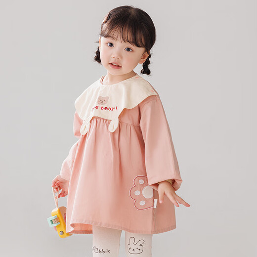 Sweet and cute pure cotton waterproof reverse wear smock for infants and toddlers, anti-fouling protective clothing for eating, coat and bib pocket, pink cat claw and bear collar 90 recommended 76-80cm
